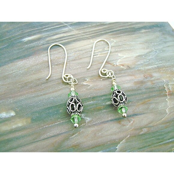 Fat Dog Silver Beads & Swarovski Peridot Green Crystals Drop Dangle Earrings - Picture 6 of 7
